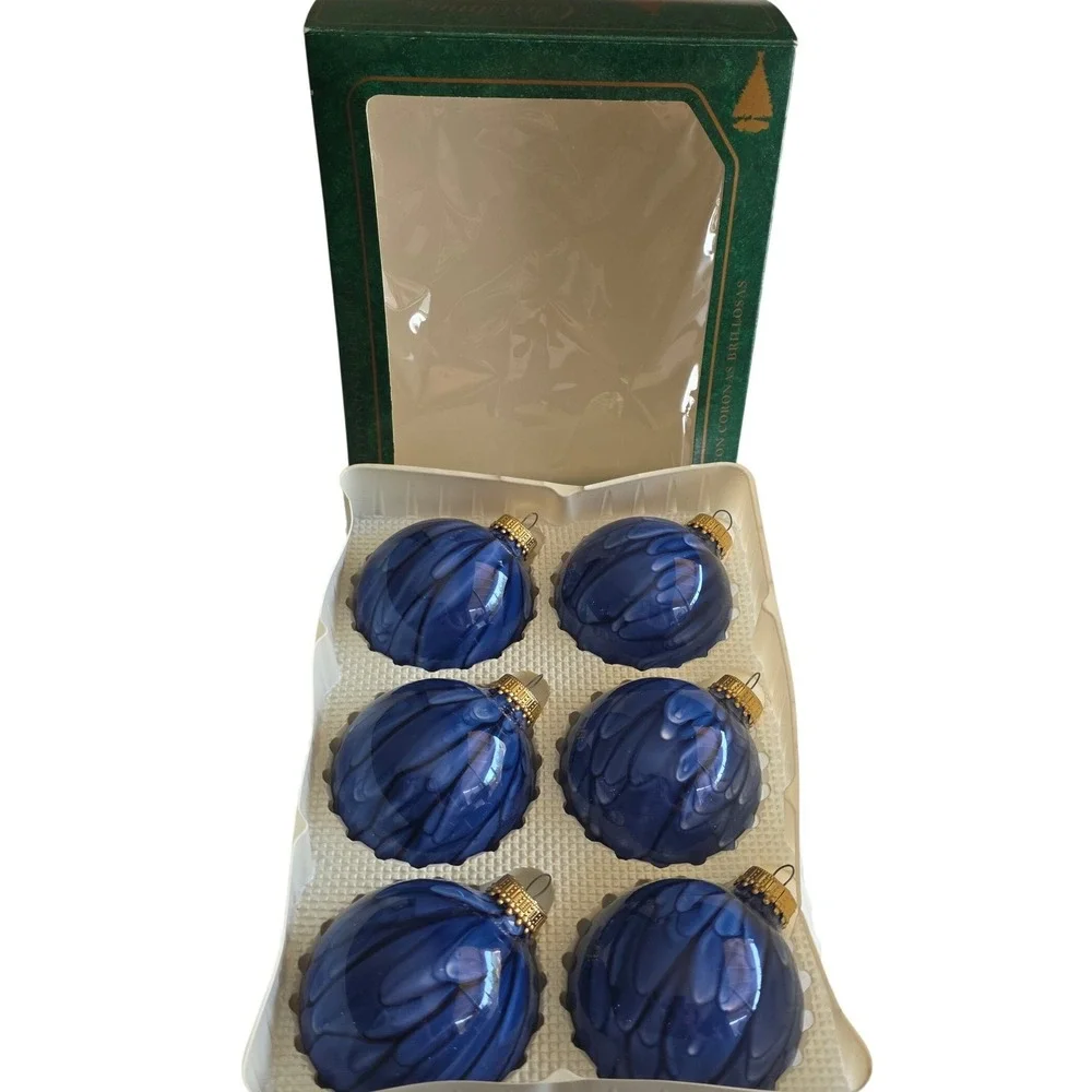 VTG Christmas by Krebs Cobalt Blue Drip Marbled Glass Ornaments Set of 6 2.5in